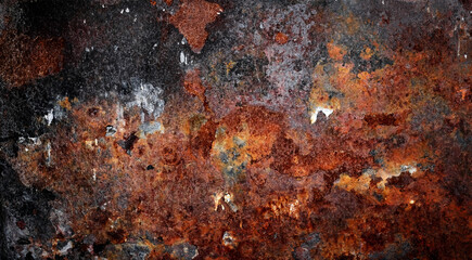 Backdrop of rusty surface of dark, brown, and orange hues. Detailed grunge rusted metal texture....