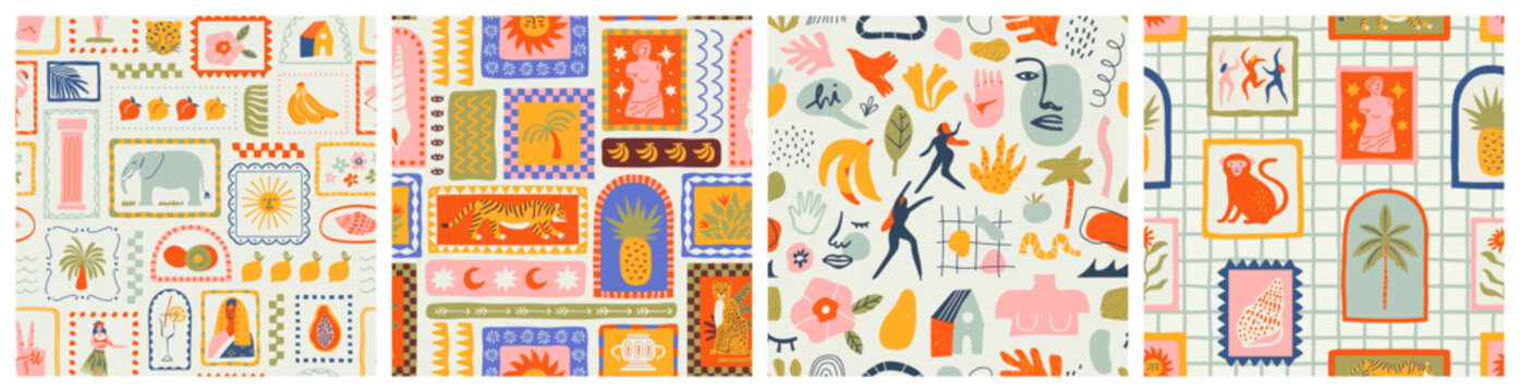 Retro hand drawn tropical summer seamless pattern set. Traditional patchwork style background illustration. Vintage exotic nature textile print collection. Jungle animal texture with tiger, palm tree.