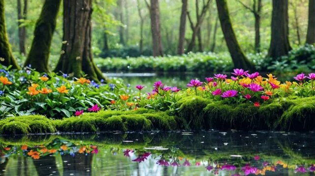 Blooming Harmony: A Forest's Reflections, seamless looping 4k animation video background