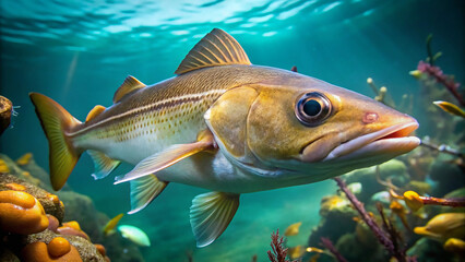 Naklejka premium Haddock fish realistic image under the water close up view. Generative AI.
