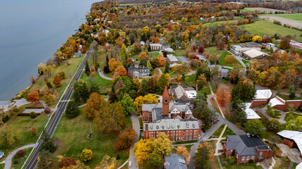 Aerial photo of the fall foliage surrounding the Village of Aurora, Cayuga County, New York State,...