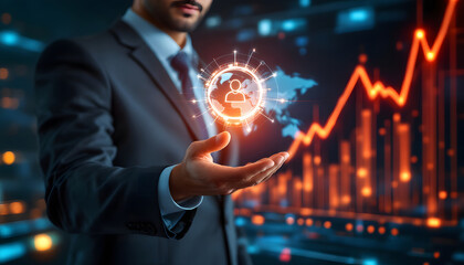 A businessman interacts with digital icons of people, surrounded by data graphs and futuristic holograms
