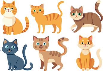 Cute Cartoon Cats Sitting, Standing, And Walking
