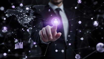 A businessman interacts with digital icons of people, surrounded by data graphs and futuristic holograms