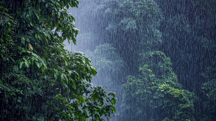A heavy downpour of rain falls through the lush canopy of a tropical rainforest.