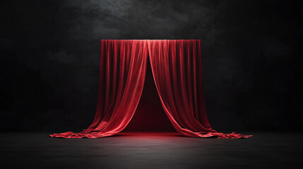 Open Red Curtains Revealing a Dark Stage Background with Atmospheric Lighting