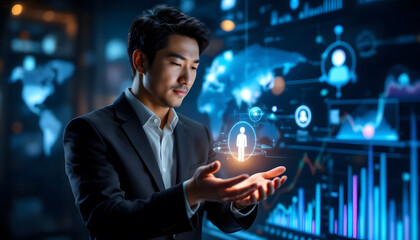 A businessman interacts with digital icons of people, surrounded by data graphs and futuristic holograms