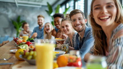 Young Professionals Enjoying a Vibrant Office Break with Healthy Fruits and Vitamins