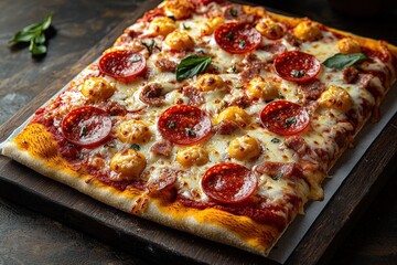 Delicious square pepperoni pizza with melted cheese and fresh basil