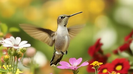 Naklejka premium A hummingbird hovers in mid-air, its wings blurred, as it feeds on nectar from a flower.