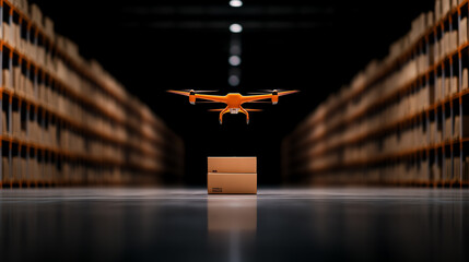 Automated warehouse drones scanning shelves, futuristic logistics solution