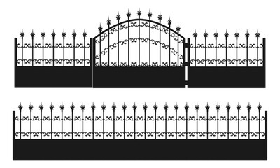metal spears fence with gate. vector illustration isolated on white background.