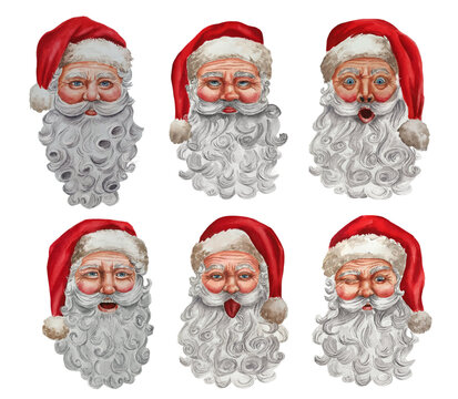 Watercolor set of smiling, shoking, winking, laughing, rolling eyes, tonque out Santa Claus head wearing red hat, face with white beard. 