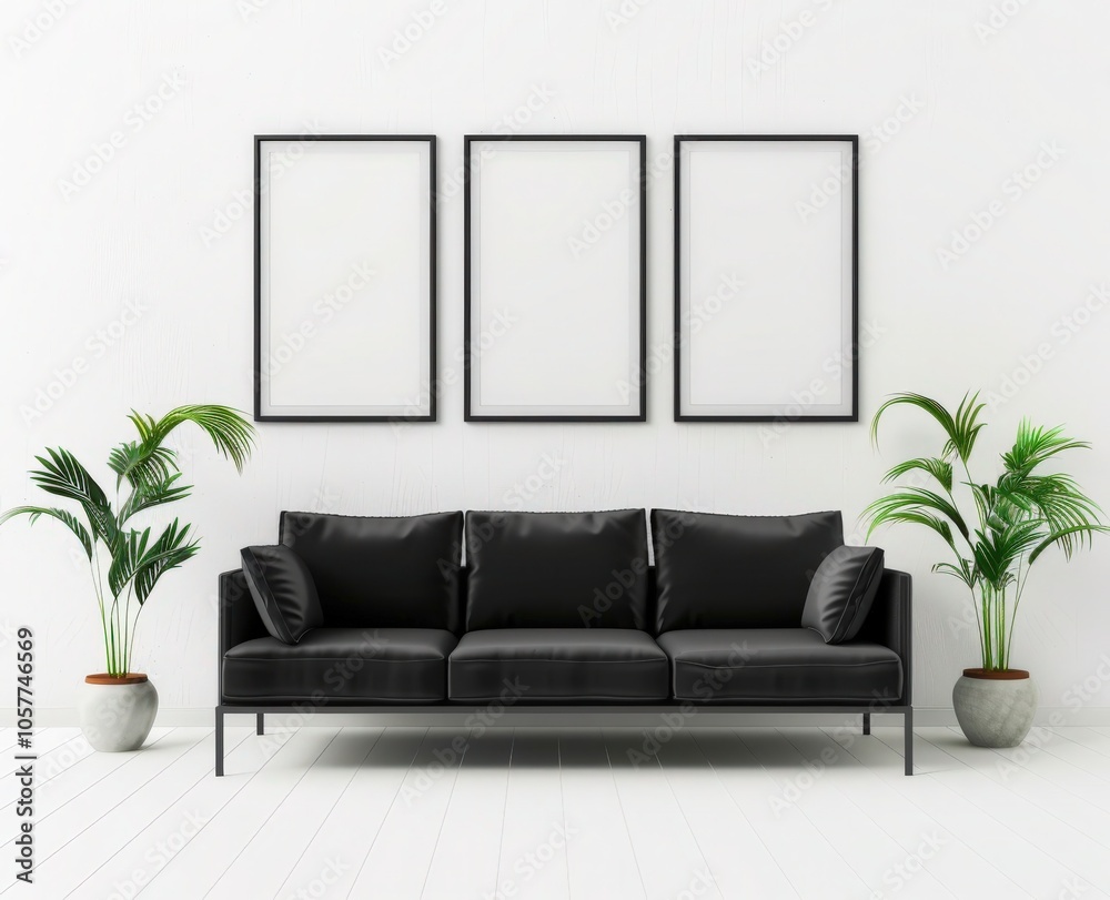 Wall mural a minimalistic living room with a black leather sofa and three black framed posters on a white wall.