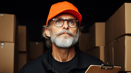 Warehouse manager with a clipboard, supervising inventory, focused expression