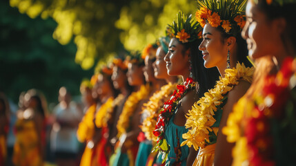 Hula Festival, a large stage in the middle of the open air with hula dancers lining up wearing colorful traditional clothes, Ai generated images