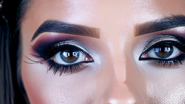 Close-up video of dramatic eye makeup with dark and metallic shades