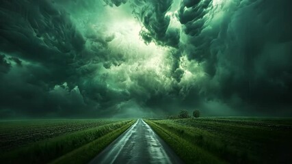 A long, straight road stretches through a field with an ominous, dark green sky overhead