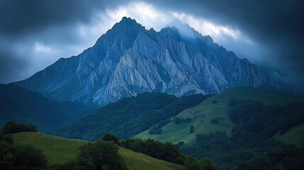 Fototapeta premium Majestic mountain scenery with light digital enhancements, providing a relaxing virtual background with home setup