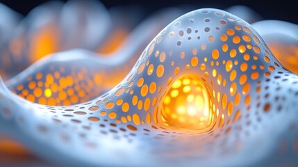 Abstract 3D rendering of a glowing, white, and translucent lattice structure with orange light emanating from within.