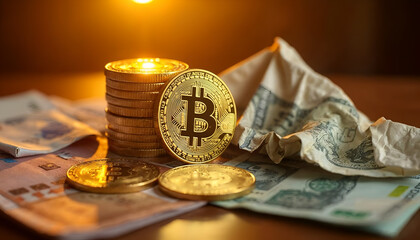 a stack of coins and a coin with a lit candle in the background.