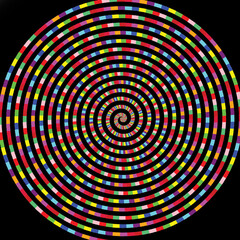 spiral made of small mosaic tiles twisting toward the center on a black background