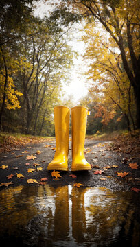 Bright yellow rain boots in an autumn forest, reflecting in a puddle amidst falling leaves