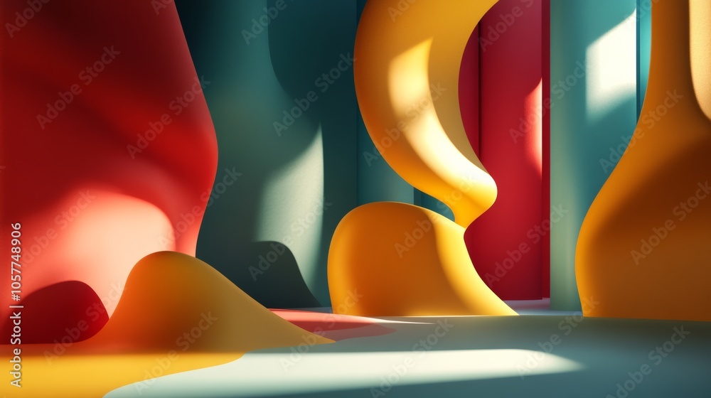 Poster 3d background design with striking and colorful shapes protruding from the surface, casting shadows 