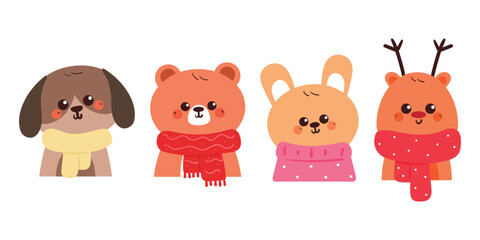 hand drawing cartoon winter animal sticker set. cute animal with scarf and sweater drawing, doodle set