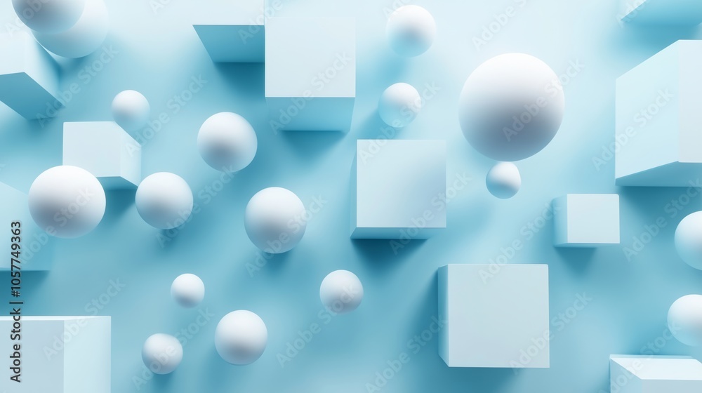 Poster minimalist 3d shape background with floating spheres and cubes arranged in a simple symmetrical patt