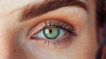 Fototapeta premium A woman's eye is shown in a mirror, reflecting the blue of the sky. The eye is surrounded by a shadow, giving it a sense of depth and dimension
