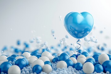 Blue heart balloon floating above white and blue sphere background. Concept of blue Monday