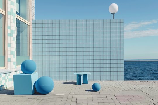 Modern geometric composition by the sea: a minimalist blue aesthetic. Concept of blue Monday