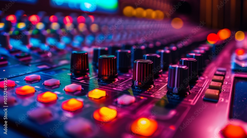 Fototapete close-up view of a mixing console with colorful sliders and knobs with clean background