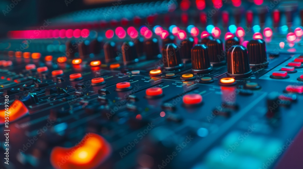 Fototapete close-up view of a mixing console with colorful sliders and knobs with clean background