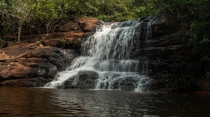 Fototapeta premium A small waterfall cascades down rocky steps into a clear pool.