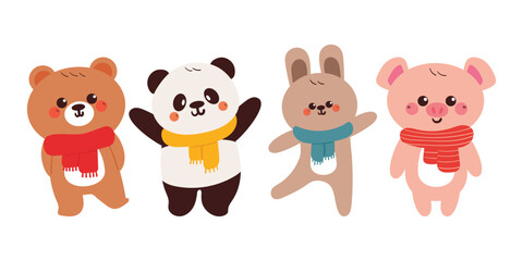 hand drawing cartoon winter animal sticker set. cute animal with scarf and sweater drawing, doodle set