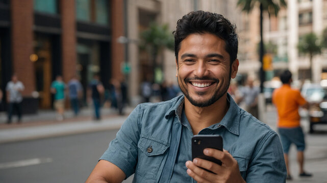Latin american man looking at the camera smiling and with a phone in his hand
