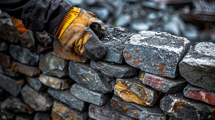 A bricklayer constructs a stone wall using wood, metal tools, and building materials 