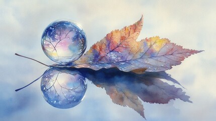 A glass sphere rests on a colorful autumn leaf, reflecting the sky and clouds above.