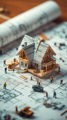 Detailed miniature construction of a wooden house on a blueprint in a busy workshop setting