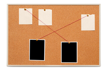 Blank paper notes and an empty photo are pinned to a cork board. The concept of detective...