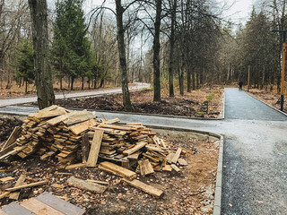 A pile of wood is sitting next to a road in the woods