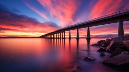 Fototapeta premium Dawn light over a bridge and bay, long exposure showcasing smooth water and colorful sky