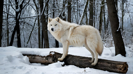 Obraz premium An Arctic wolf, with its thick white fur, is standing majestically with its front two legs perched on a fallen tree trunk