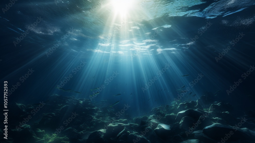 Aufkleber deep ocean from beneath surface, sunlight breaking through