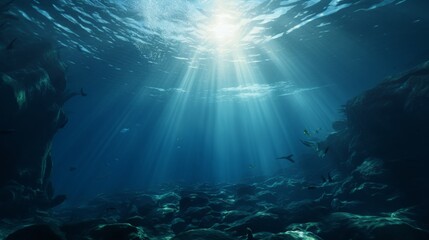 Fototapeta premium Deep ocean from beneath surface, sunlight breaking through