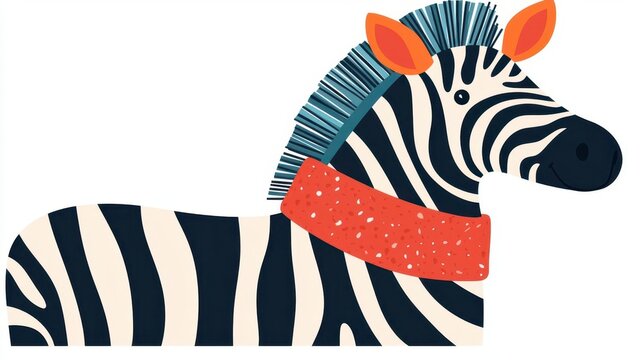 Holiday zebra, in festive scarf, isolated on white, flat design illustration