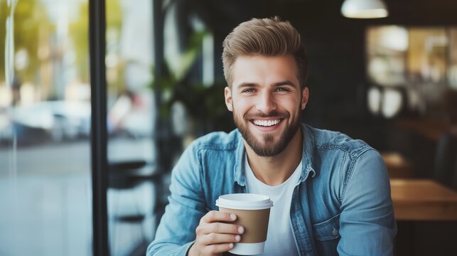 Man with a beard is smiling and holding a coffee cup