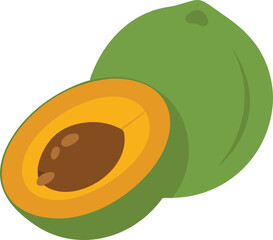 Cartoon illustration of lucuma with leaves,showcasing simple, minimalistic,stylized vector,colorful design.ideal for food-related designs or healthy eating themes.